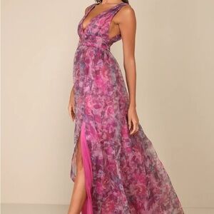 Lulus - Garden Romance Magenta Floral Print Organza Maxi Dress